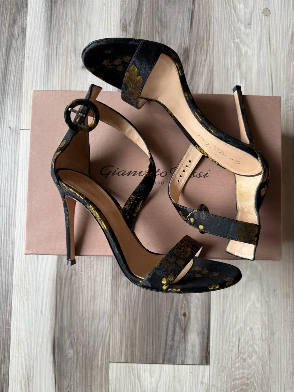 Gianvito Rossi Black Sandals with Gold Floral Detail